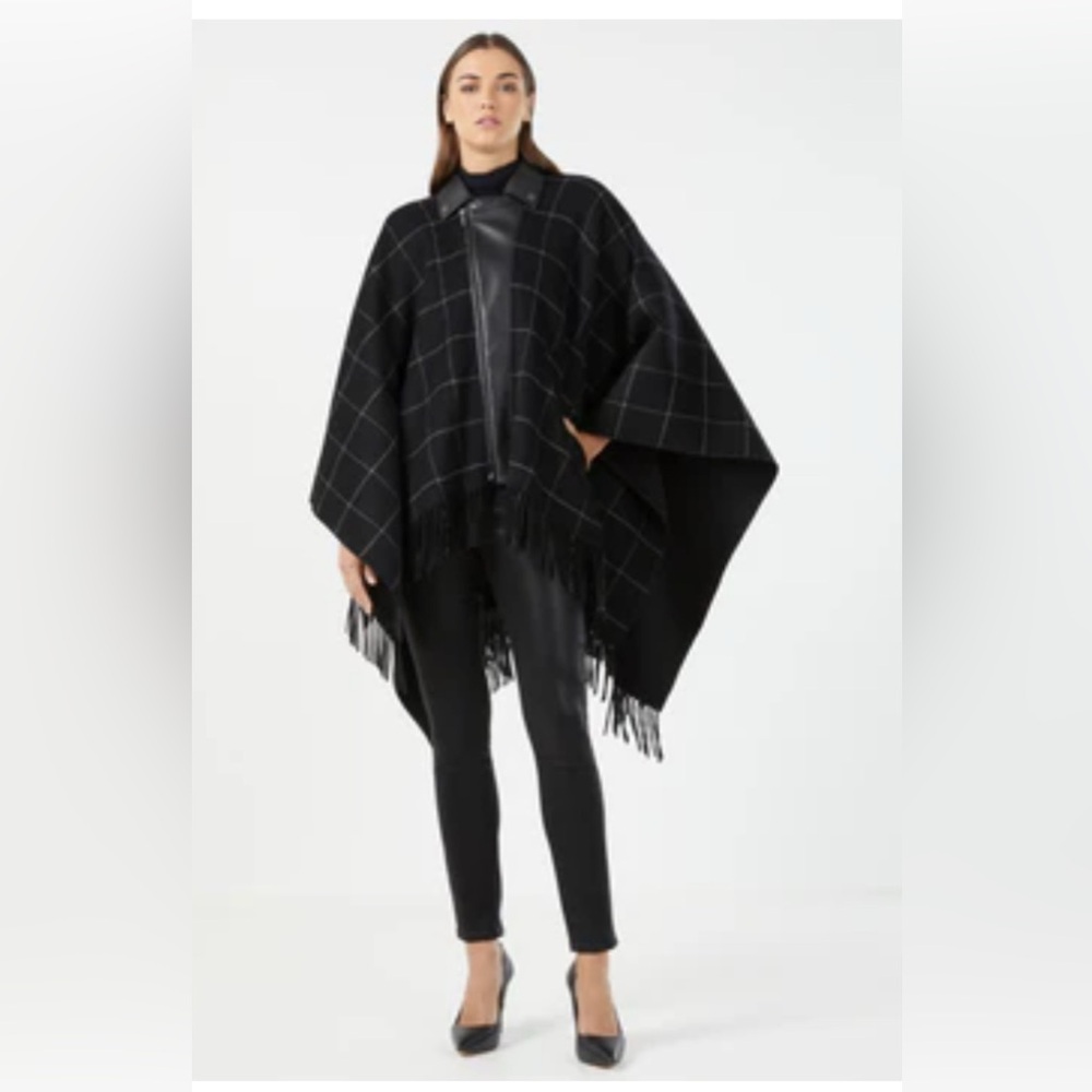 BCBG MAXAZRIA Faux Leather Trim Fringed Cape - BLACK PLAID / BLACK PINSTRIPE